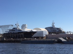 There are more boat manufacturers in Florida than in any other state.  Here is a mega-yacht boat yard with two HUGE private ships readying for launch. 