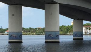 The fixed height bridge leading into the Halifax Harbour Marina is adorned with fanciful sea life mosaics.  A pretty view for boaters.