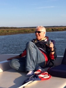 Roger enjoying a cocktail and the sun at New Tea Kettle Creek anchorage. 