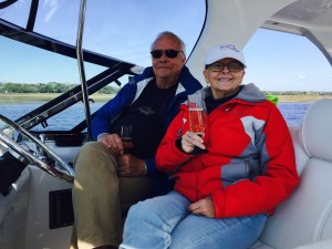 Still chilly -- but that way the champagne doesn't get warm :-)  Cliff and Ann enjoying their morning "toast."