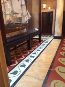 One of the display cases at the Seaman's Museum showing the detail of flooring in the mansion as well.