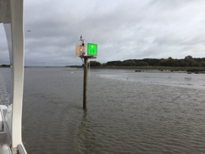 We are in less than 5 feet of water here.  Dot.Calm draws 3 feet, but any chop or a wake from another boat can create problems. 