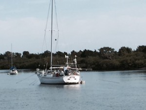 Currents and tides are a relatively new element for Cliff to deal with in terms of mooring and navigating.  In Chicago, we don't have either and in Marathon, current is negligible and tides a foot or less.  Not the case at this point on the ICW.  Here you see a sailboat that has 8 anchor lines out to keep it in place no matter what the current or tide does!