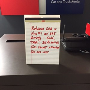 We're counting on this formal documentation to prove that we returned our car on time.  Avis office located inside Sears store.  Store was closed, but door to Avis open and provided complete access into the store.  Weird.