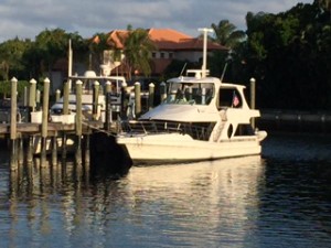 Afternoon sun puts Dot.Calm in a pretty light at Palm Beach Gardens marina.