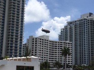 The Goodyear blimp above Miami downtown.  We guessed that it was in town for a Miami Marlins game (even though it is a closed roof stadium.)